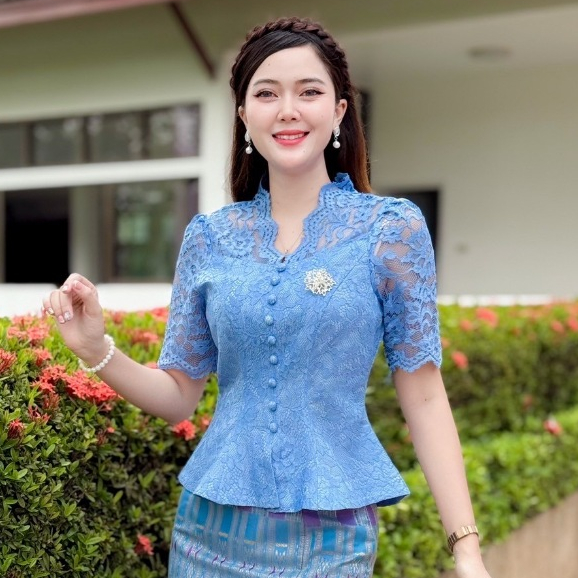HM - TB เสื้อลูกไม้สีขาวระบายแขนกระบอก 3ส่วน ซิปหลัง รูปที่ 6