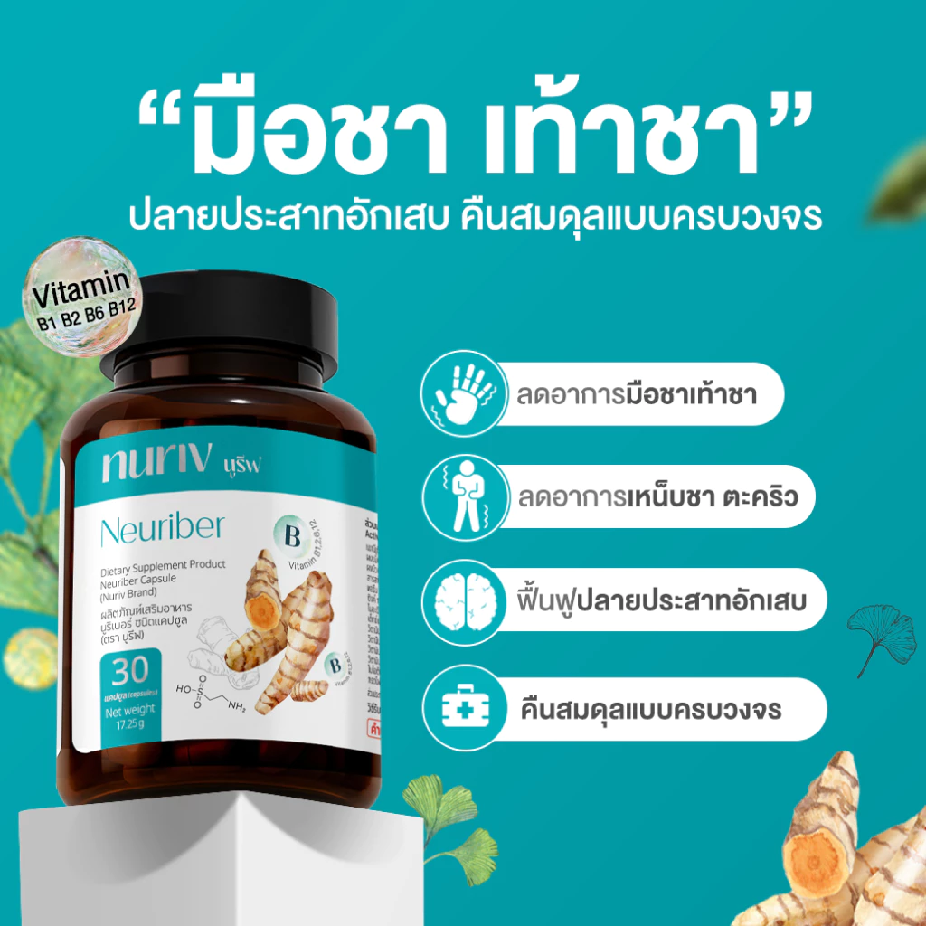 Nuriv Neuriber  นูรีฟ นูริเบอร์  วิตามินบรรเทามือเท้าชา เหน็บชา ตะคริว นิ้วล็อค ปลายประสาทอักเสบ 30 แคปซูล thumbnail 3