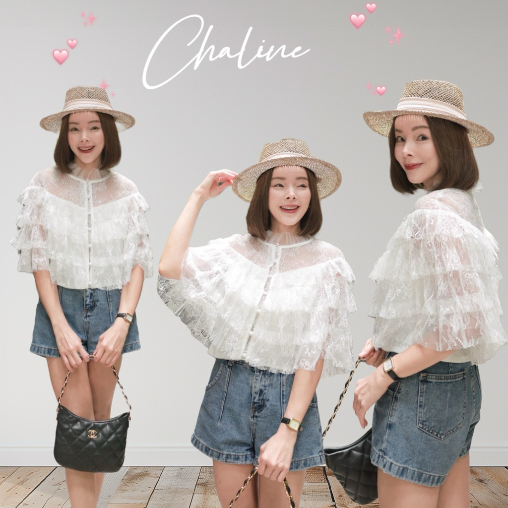 Chaline • เสื้อคอระบายฟุ้ง ลูกไม้เป็นชั้น APPLECLOSET