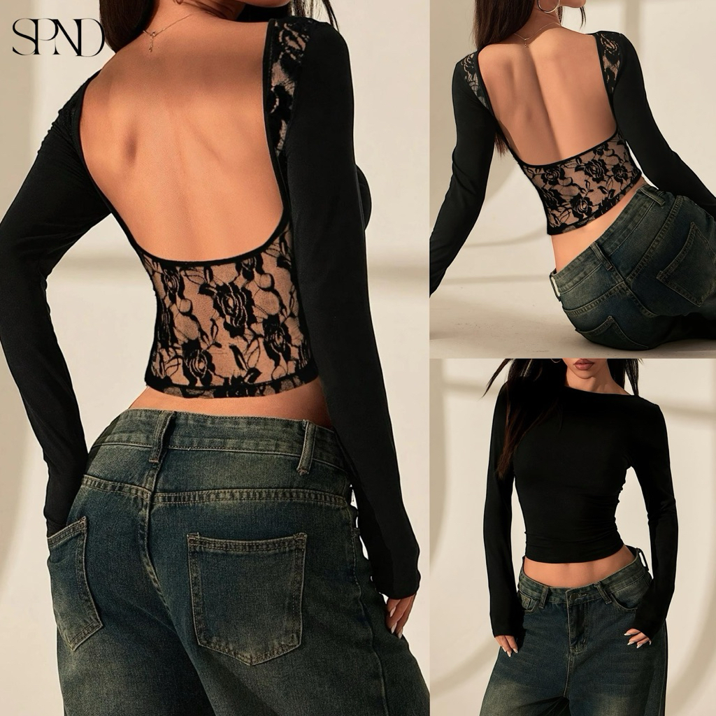 SPND【พร้อมส่ง】เสื้อแขนยาวซีทรูลูกไม้สีดำ ดีไซน์เปิดหลังสุดชิค เข้ารูปเข้าทรงสวย