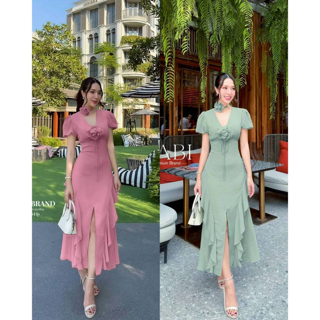 NABI Dress ผ้าชีฟองแขนสั้น ทรงคอV ดีเทลช่วงอกแต่งเป็นสายผูกโบว์ติดดอกไม้เข็มกลัด