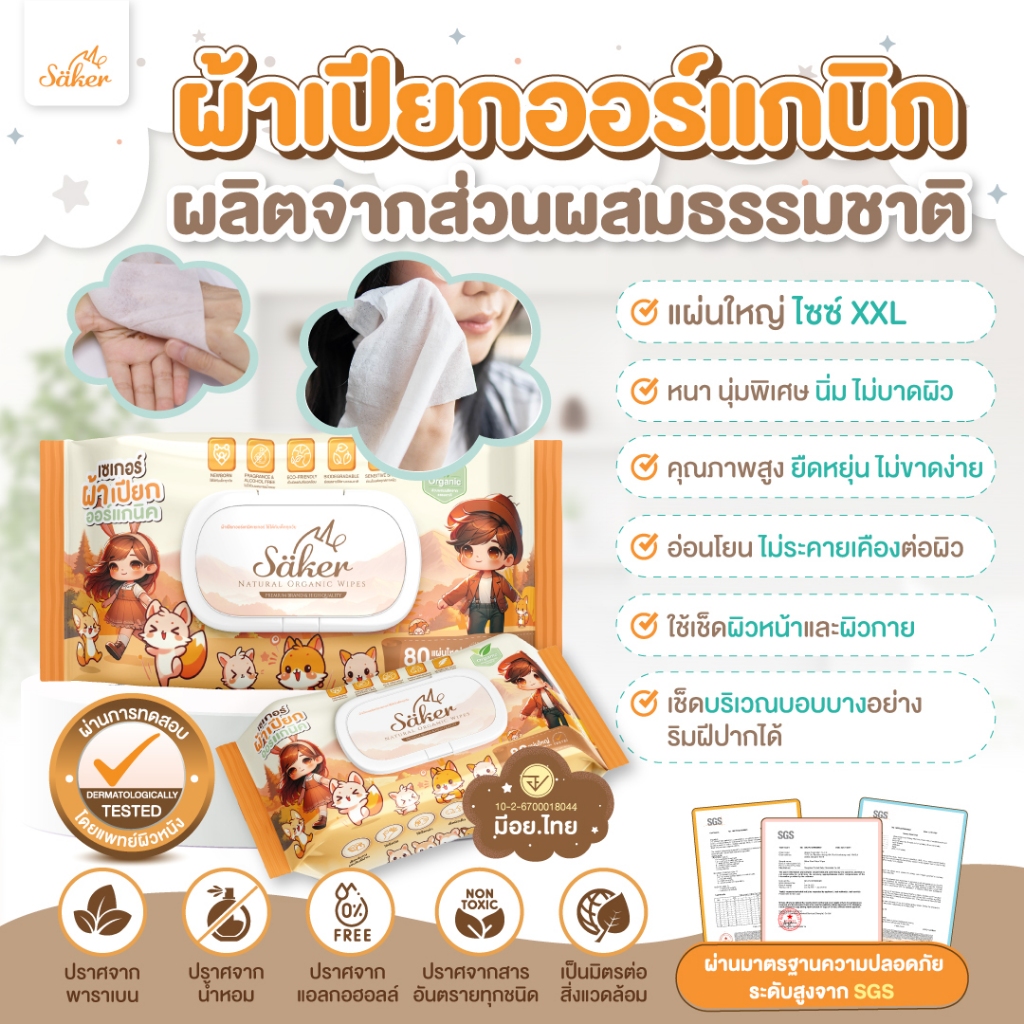 (เกรดการแพทย์ผิวหนัง) คุณภาพสูง(มีอย.ไทย) Saker ผ้าเปียก ออร์แกนิกส่วนผสมจากธรรมชาติ80แผ่นใหญ่ XXL