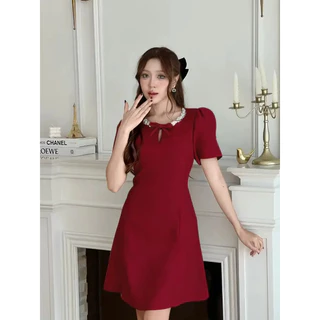 【Karlyn】FZ-CC-H26# มินิเดรสแขนสั้น สีพื้น แต่งดีเทลคอผูกโบว์ เรียบหรูดูแพง สวยละมุนสุดๆ