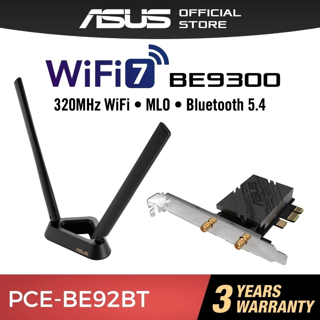 ASUS (PCE-BE92BT) WiFi 7 PCI-E Adapter with 2 external supporting 6GHz band, 320MHz, Bluetooth 5.4