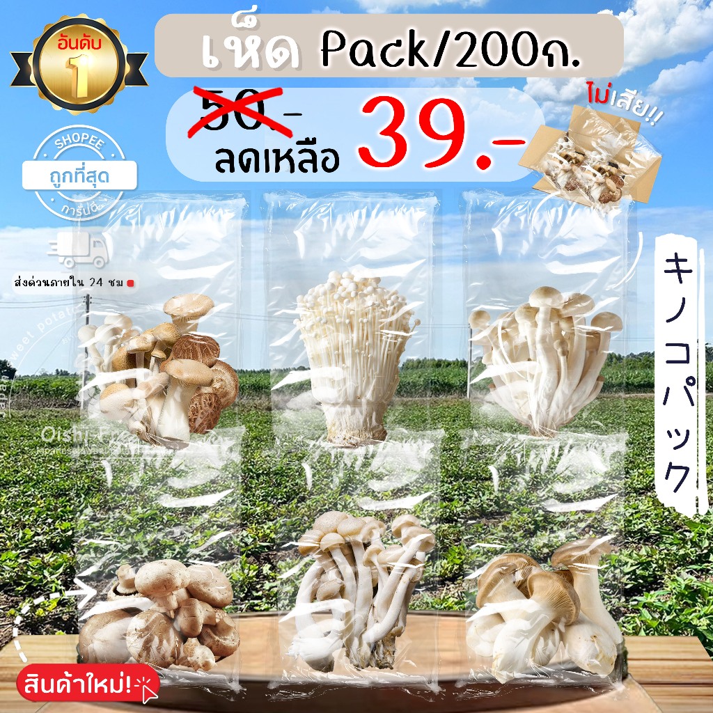 🛒Oishi-Fresh🍄‍เห็ด แพ็ค 200 กรัม ปลอดสารพิษ รสชาติกรอบ สด ใหม่ ใยอาหารสูง หวานออร์แกนิค เคลมได้ 1-2 