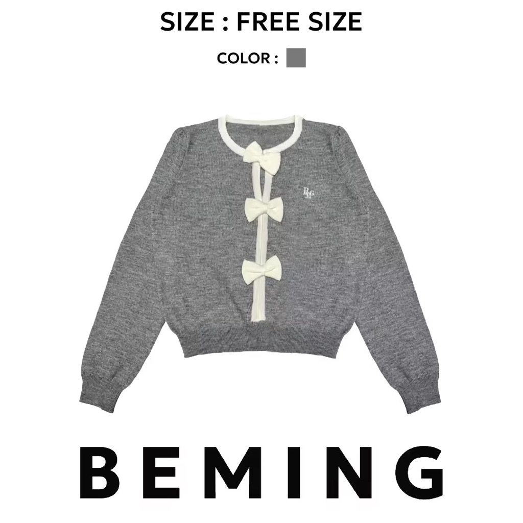 Beming ส่งต่อสภาพดี (ชอป550฿) Bowy knit top สีเทา เสื้อไหมพรมแขนยาว กันหนาว ตกแต่งโบว์น่ารัก แบบสวม 