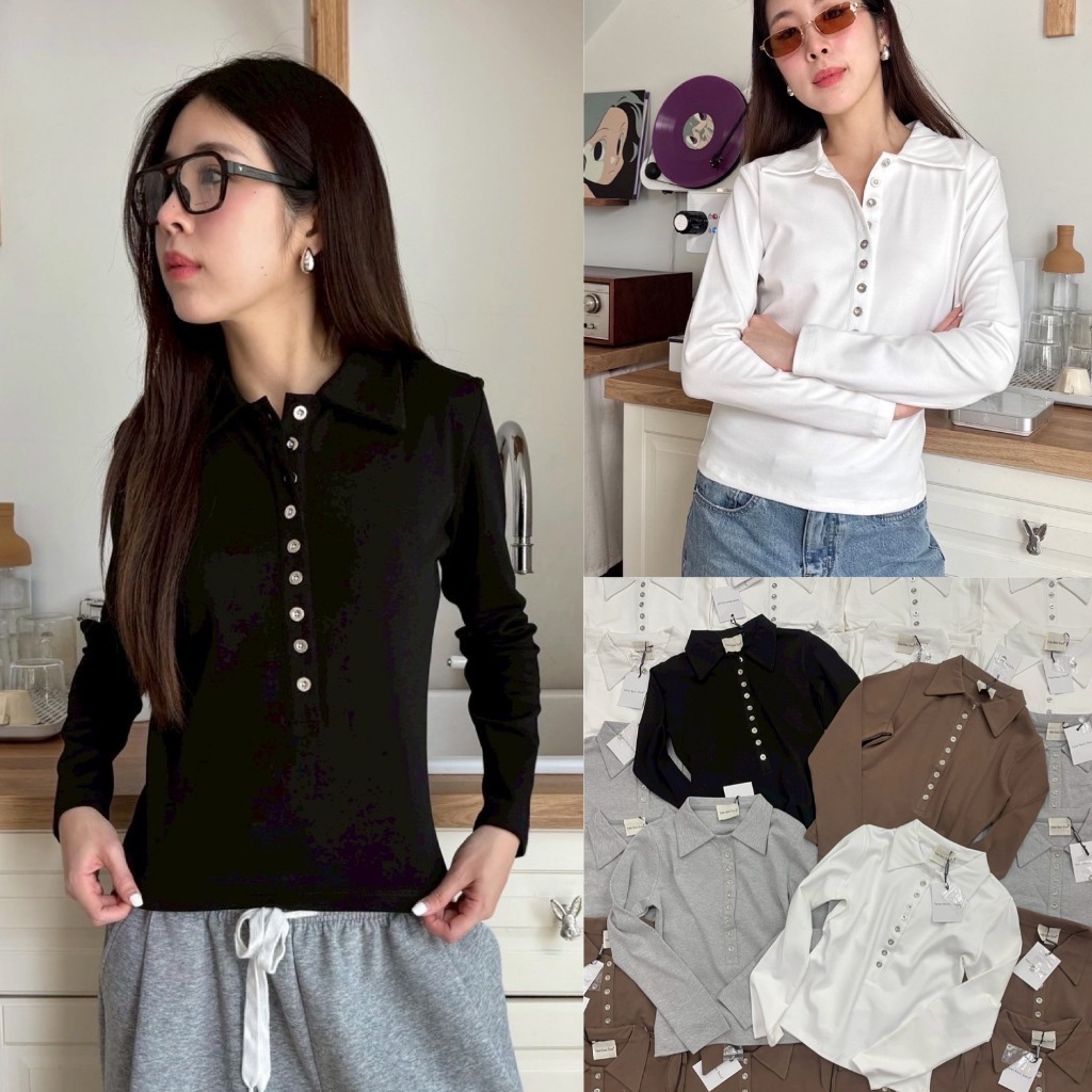 VL 5008 เสื้อยืดคอปกแขนยาวกระดุมหน้า งานเบสิคสไตล์ ใส่สบาย สวยเกาหลี ทรงสวย ผ้าดี