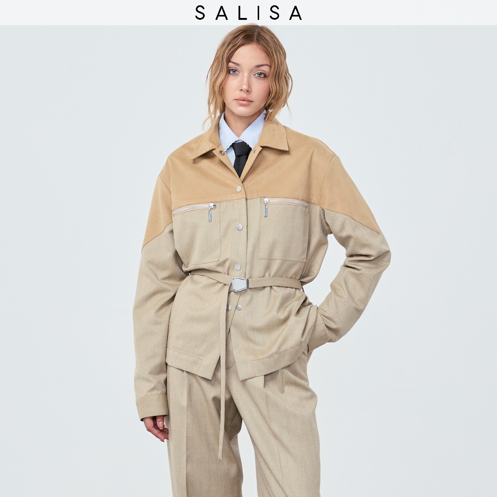 SALISA - TRENCH JACKET FW25 Herringbone/Suede Beige แจ๊คเก็ต (มีสายเข็มขัดถอดได้)