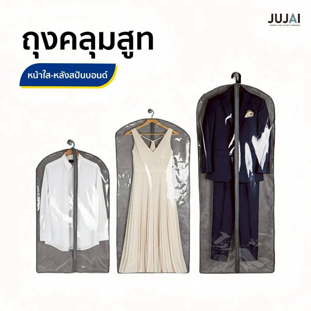 ถุงคลุมสูท เสื้อโค้ท ชุดราตรี ผลิตจากพลาสติกพีวีซีใส ด้านหลังพลาสติกสปันบอนด์ มีหลายไซส์ให้เลือก