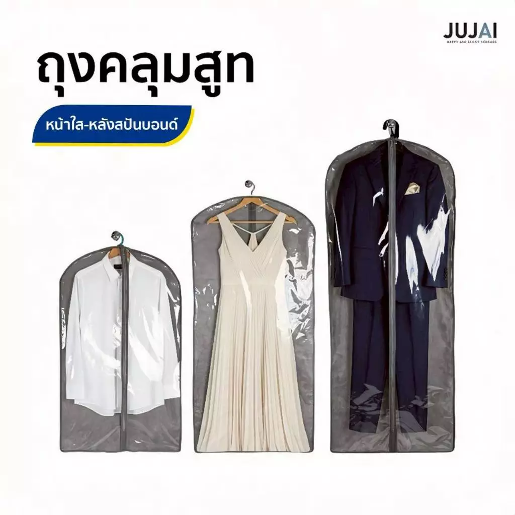 ถุงคลุมสูท เสื้อโค้ท ชุดราตรี ผลิตจากพลาสติกพีวีซีใส ด้านหลังพลาสติกสปันบอนด์ มีหลายไซส์ให้เลือก
