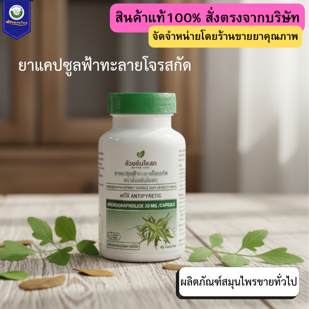 ฟ้าทะลายโจรสกัด 20 มก. ตราอ้วยอัน 45แคปซูล Exp.5/28  รหัส 8747