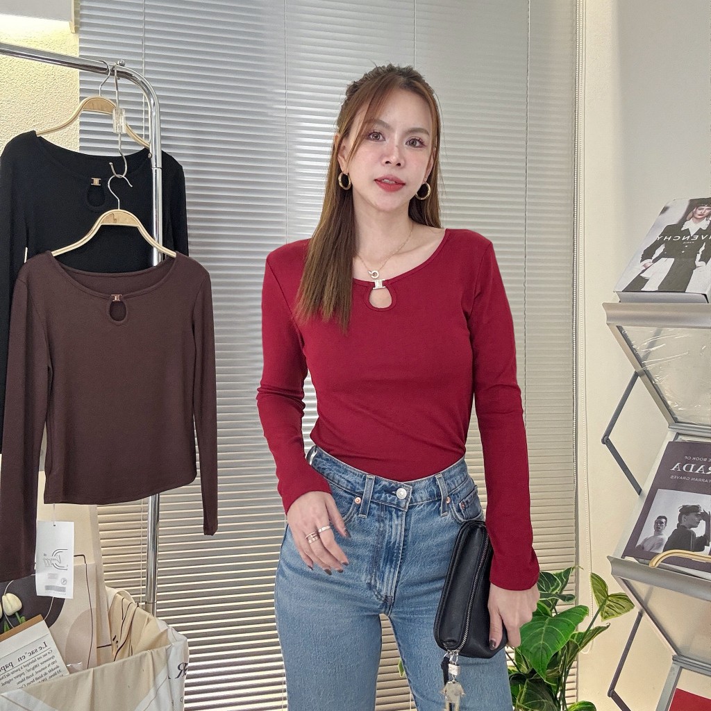 D0014 รุ่นMiri(มิริ) เสื้อยืดแขนยาว เว้าหน้าแต่งอะไหล่ทอง ผ้าSlippy - รูปที่ 5