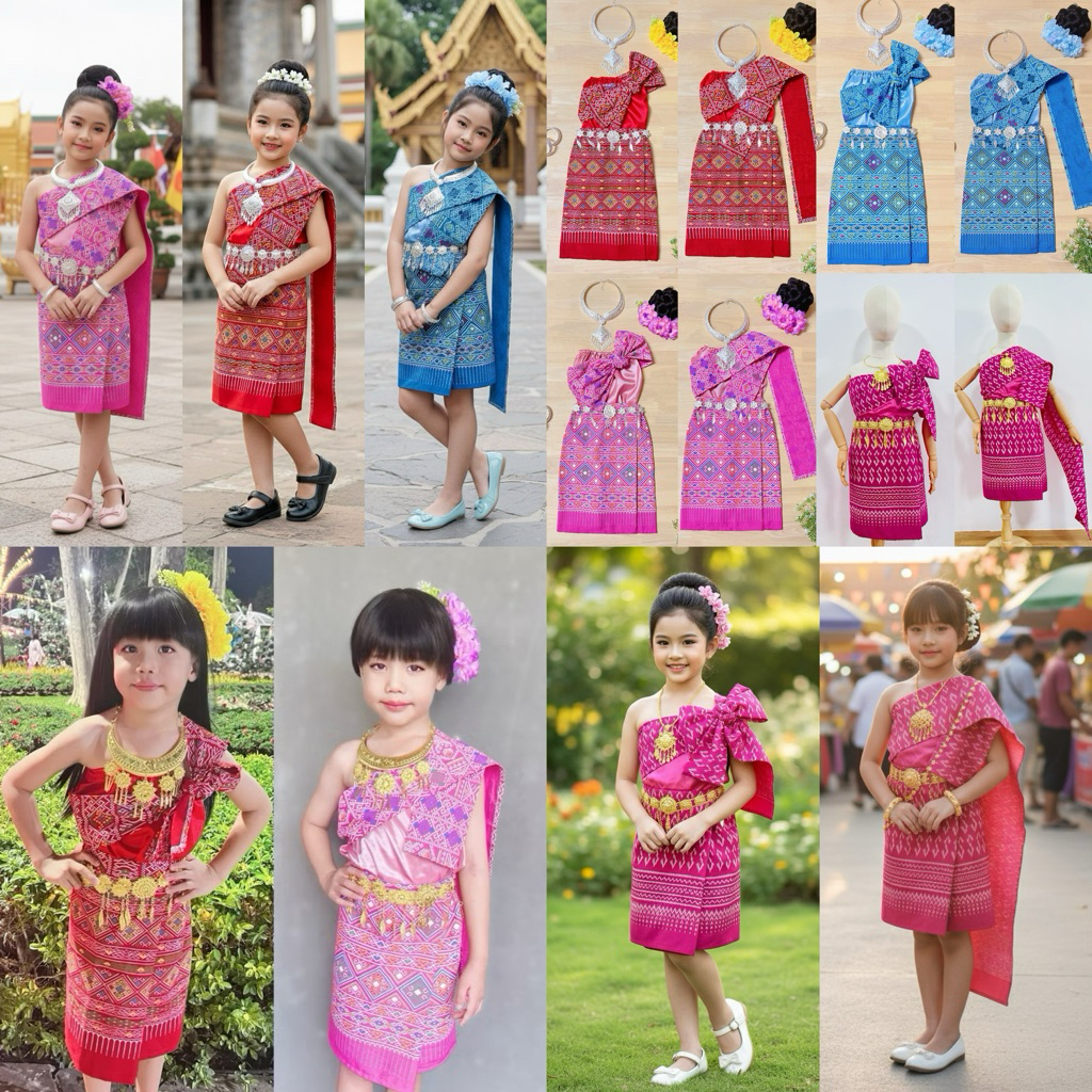 ชุดเซิ้งเด็กอีสาน ผ้าถุงลาวพร้อมเกาะอกและสไบ ชุดลาว ชุดภาคอีสาน