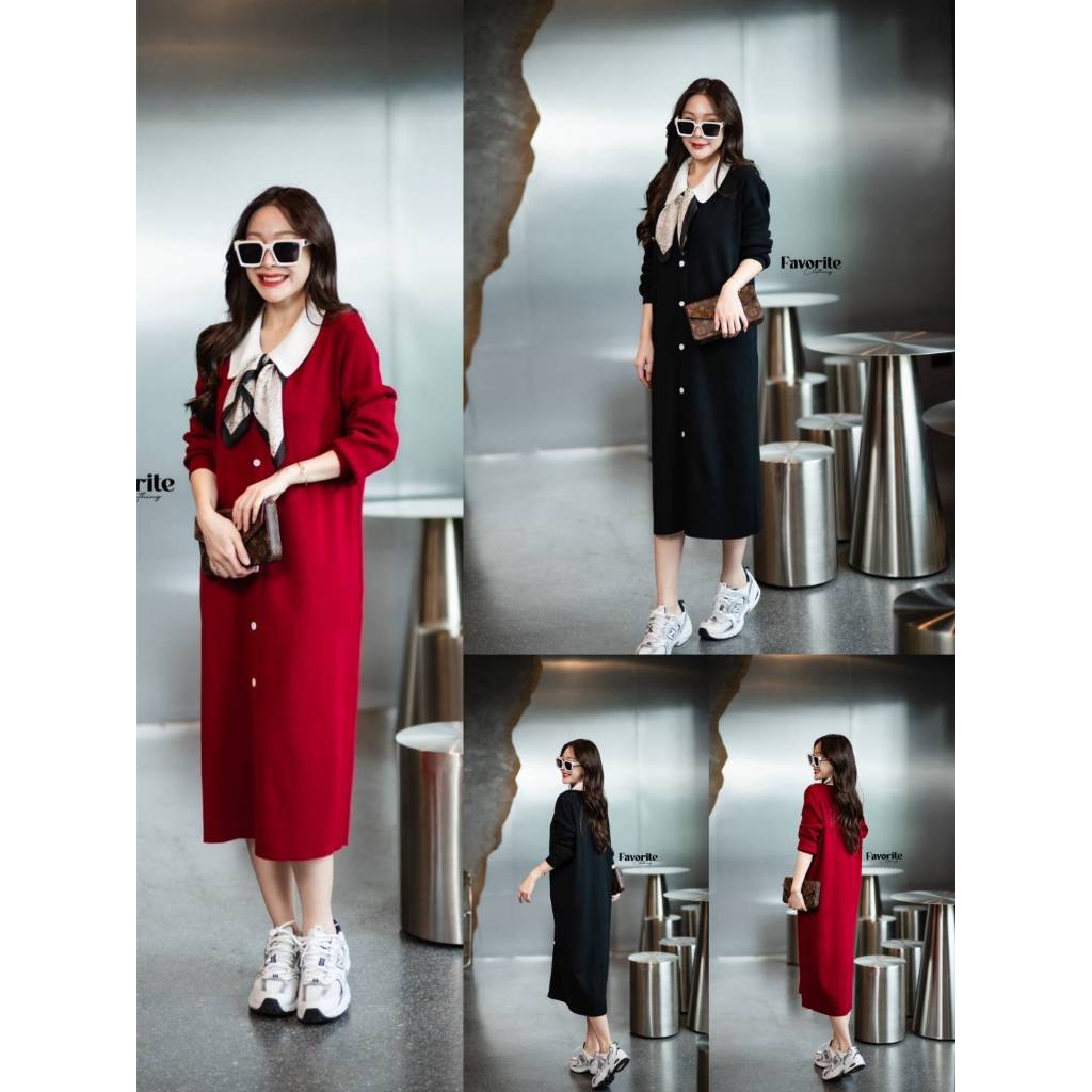 •FAVORITE• FVR 97120 เดรสไหมพรมแขนยาวคอปกทูโทน แต่งกระดุมหลอกด้านหน้า มาพร้อมผ้าผูกคอ