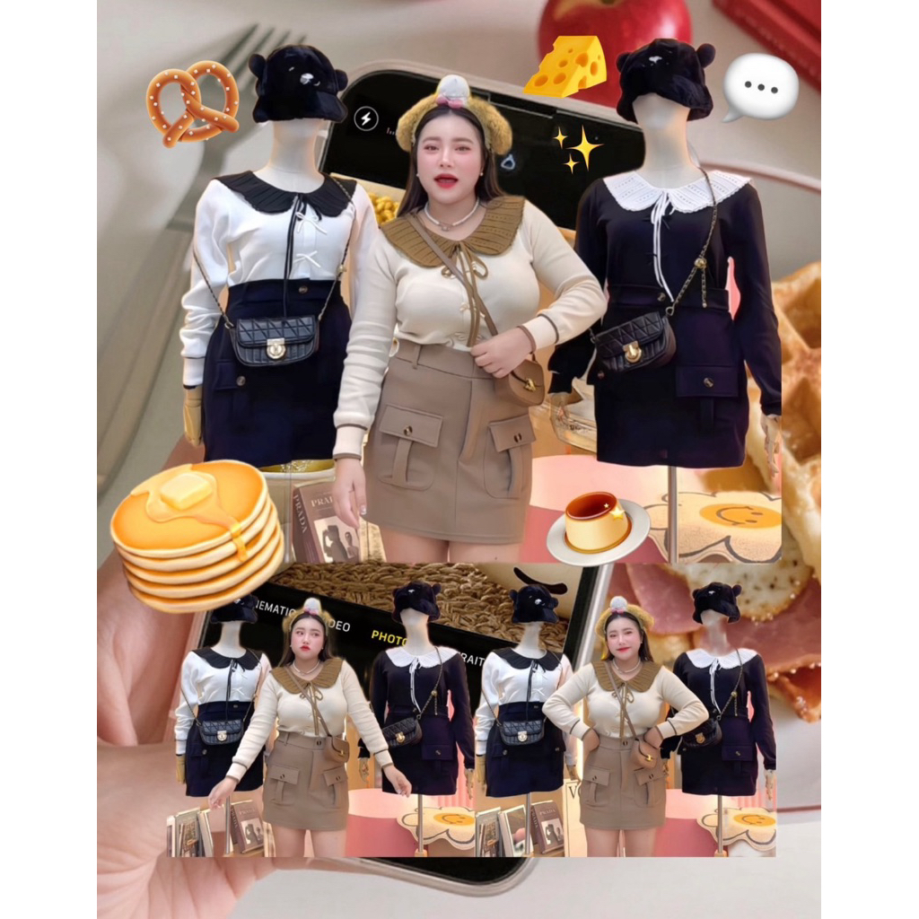 ✨เสื้อไหมพรมคอระบายแขนยาวน่ารัก  (เฉพาะเสื้ออย่างเดียว)#สาวอวบ#แขนยาว