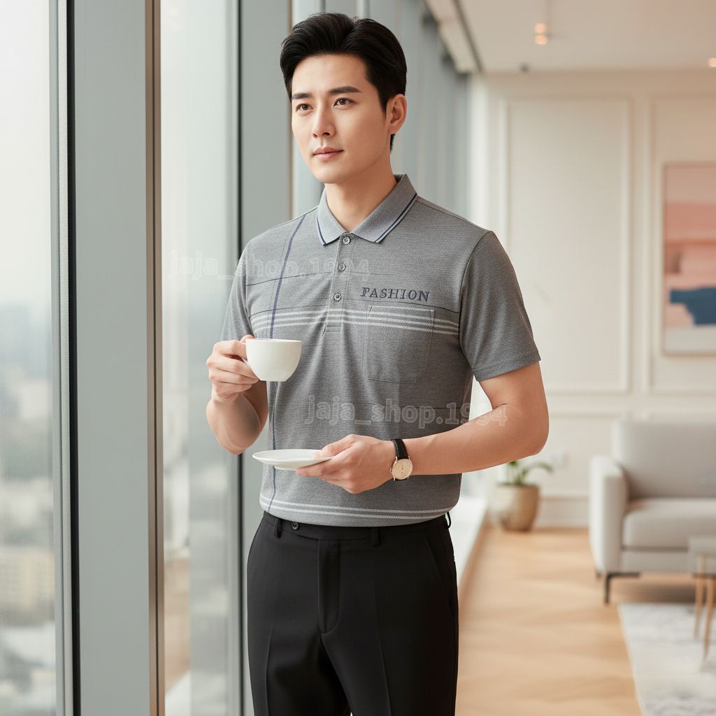 เสื้อโปโลแขนสั้น สไตล์ฮ่องกง คอปกตั้ง งานผ้าเนื้อดีแฟชั่นฤดูร้อน
