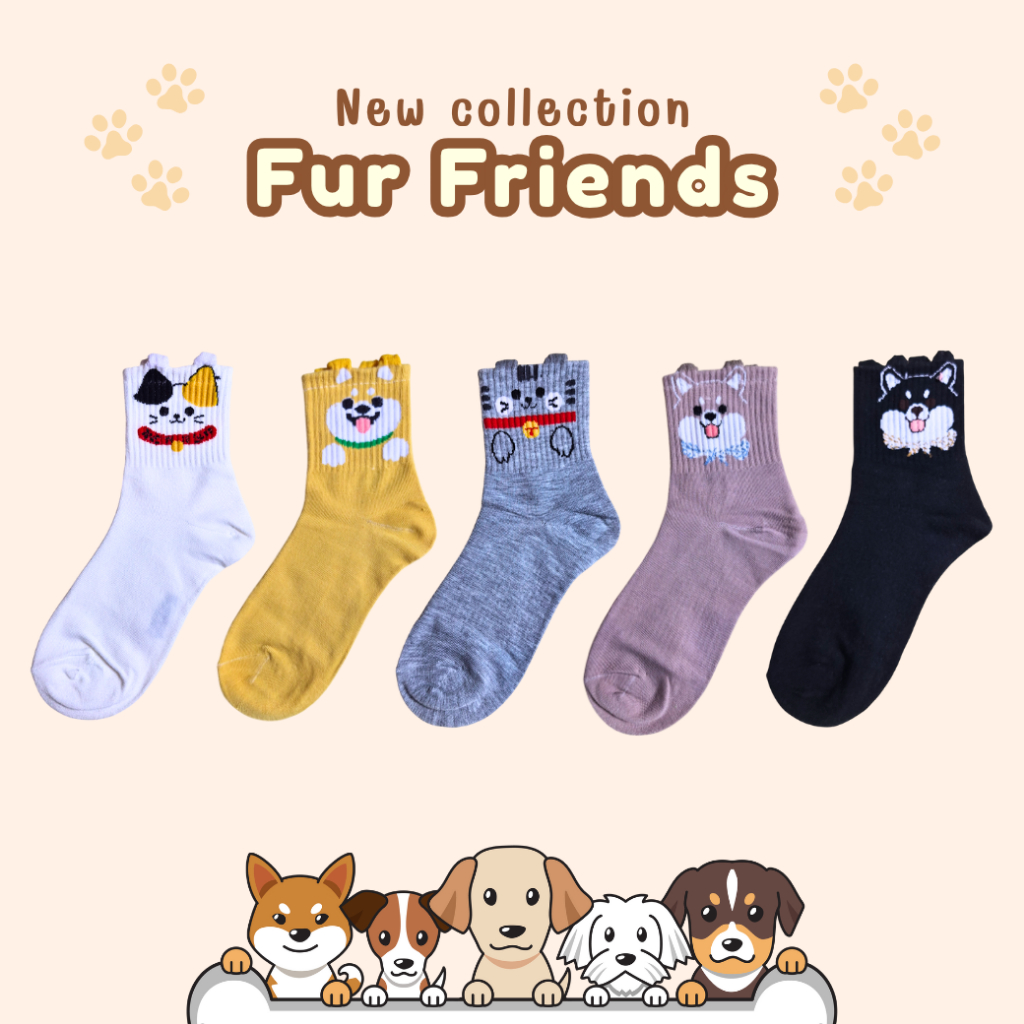 🐈🐕‍🦺 ถุงเท้าข้อกลาง ลายหน้าสัตว์เลี้ยง  คอลเลคชั่น “Fur Friends ”(2) 🐈🐕‍🦺