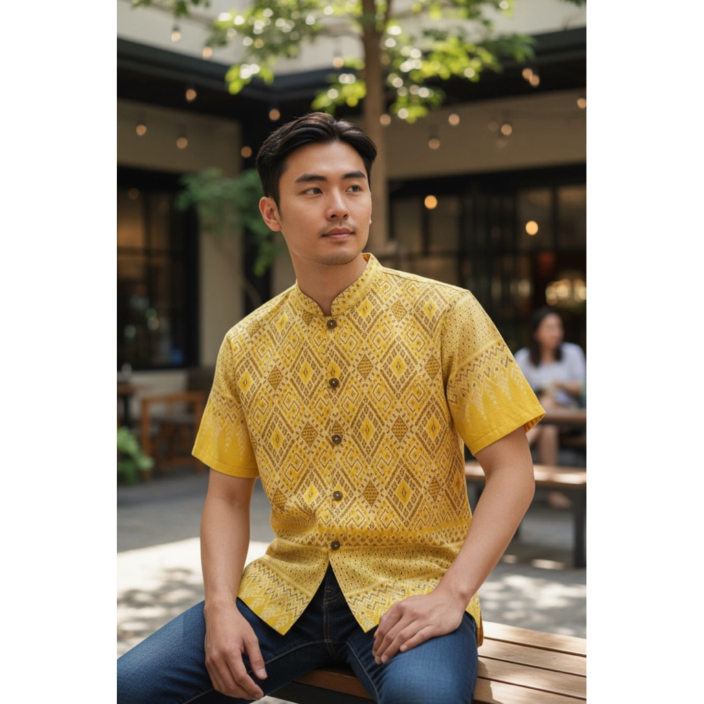 เสื้อผ้าฝ้ายพิมพ์ลายชาย-แขนสั้น สีเหลือง-รหัส 25