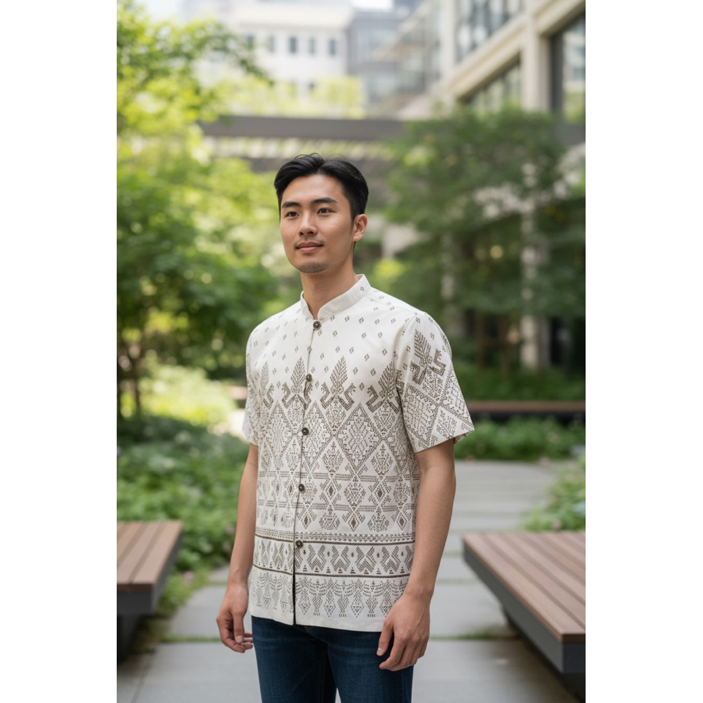 เสื้อผ้าฝ้ายพิมพ์ลายชาย-แขนสั้น สีขาว-รหัส 27
