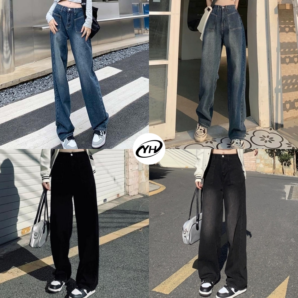 💥YH#8266💥มีไซส์ S-5XL💥กางเกงยีนส์ขายาว เอวสม็อคหลัง ทรงขากระบอกกลาง ดีไซน์กระเป๋าสวย สไตล์แฟชั่นเกาหลี