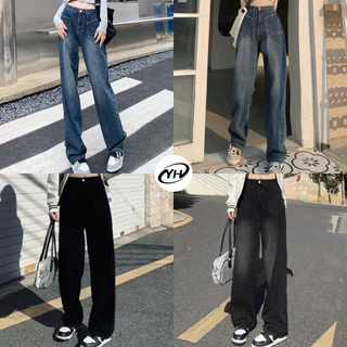 💥YH#8266💥มีไซส์ S-5XL💥กางเกงยีนส์ขายาว เอวสม็อคหลัง ทรงขากระบอกกลาง ดีไซน์กระเป๋าสวย สไตล์แฟชั่นเกาหลี