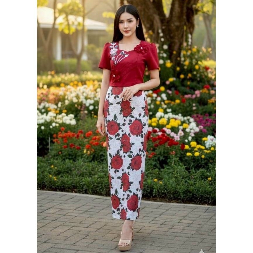 DS ชุดผู้หญิง ชุดพื้นเมือง   M 34" /L 36" / XL38"  แขนสั้น 10 สี # ผ้าถุงป้าย แบบมีตะขอ ผ้าพิมพ์ลาย ดอกไม้