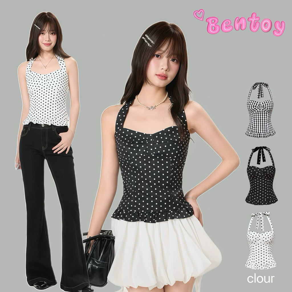 Bentoy(bratop2257)เสื้อกล้ามผู้หญิง VesGlory แฟชั่น ลำลอง เรียบหรู สไตล์ Y2K ลายจุด เชือกผูกหลัง
