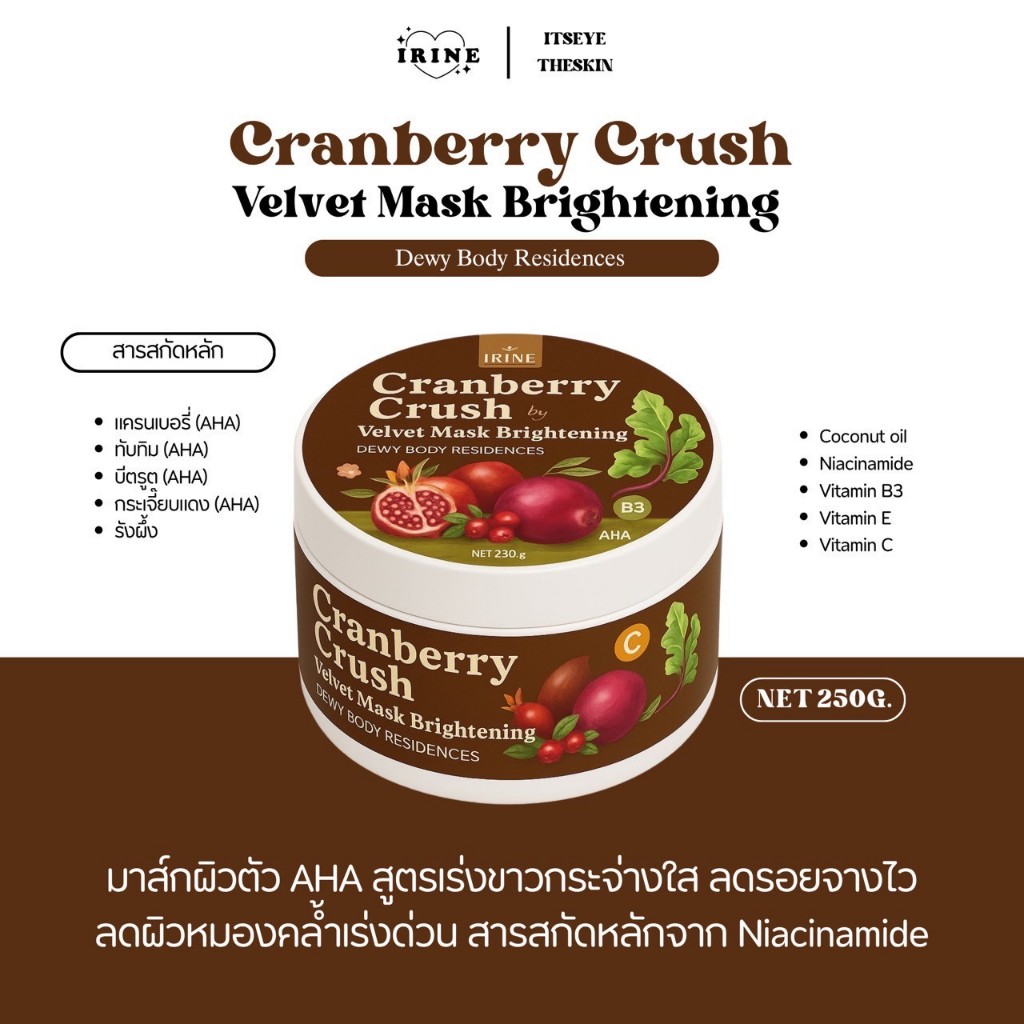 มาส์กกรด AHA  Cranberry Crush สูตรเร่งขาว+ Niacinamide + Vitamin B3