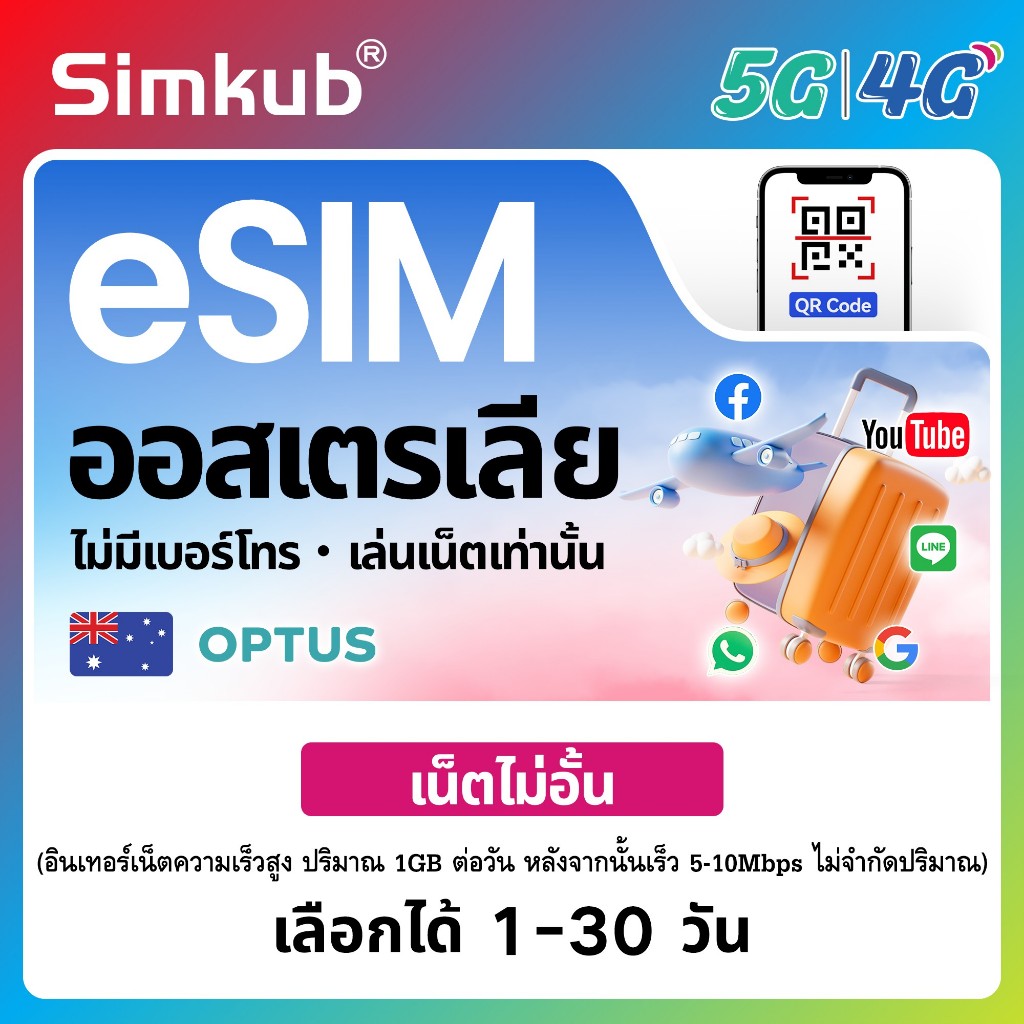 eSIM Australia เครือข่าย Optus ซิมท่องเที่ยว ออสเตรเลีย เน็ตไม่จำกัด รองรับ 5G/4G เลือกได้ 1-30 วัน