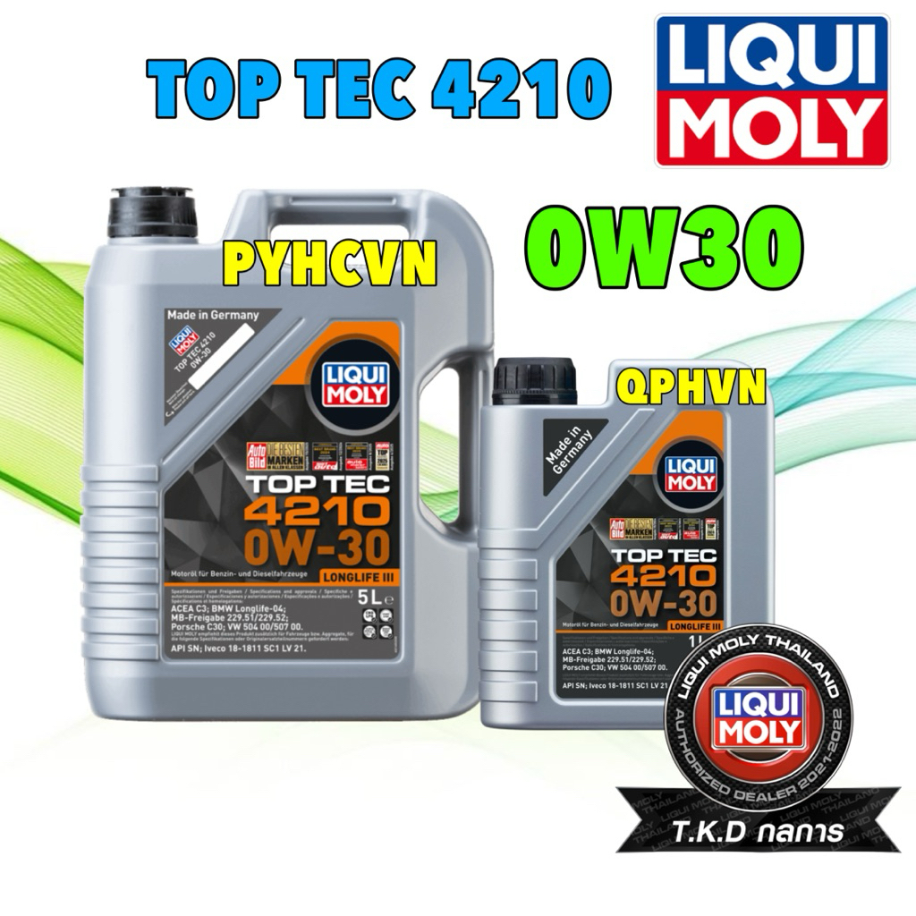 LIQUI MOLY น้ำมันเครื่อง สังเคราะห์ เบนซิน HYBRID ดีเซล TOP TEC 4210 0W30 4 / 5 / 6 / 7 / 8 ลิตร