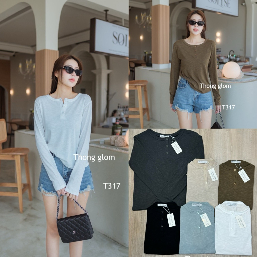 T317 เสื้อแขนยาวคอกลม ผ้าสลาฟเนื้อนุ่มเด้งใส่สบาย ดีเทลกระดุม