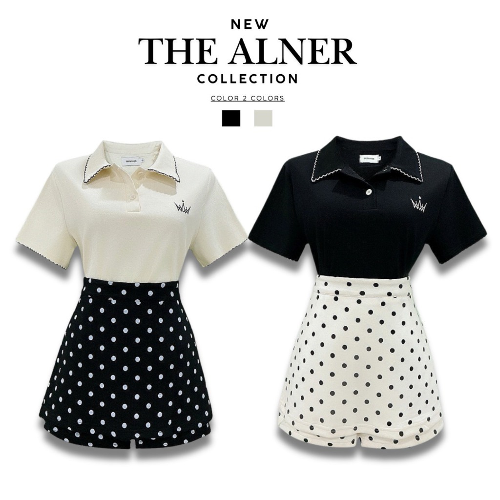 Thealner-AN027 (เซตเสื้อคอปกแต่งขอบหยัก กางเกงกระโปรงลายจุด)