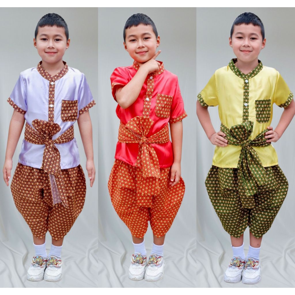 ชุดไทยเด็กชายผ้าต่วนคอจีนผ้าถุง ได้ 3 ชิ้น