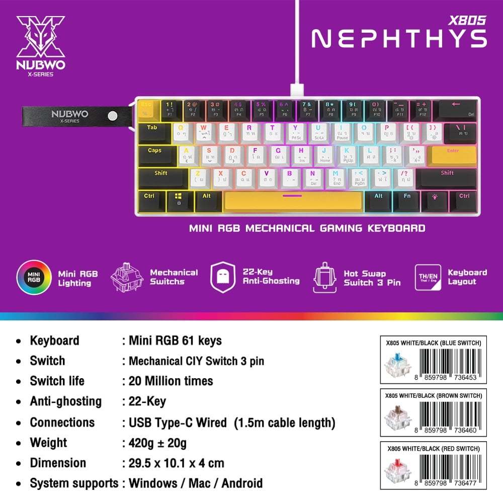 คีย์บอร์ดเกมมิ่ง Mechanical คีย์บอร์ดขนาด 61 ปุ่ม แป้นพิมพ์ภาษาไทย/อังกฤษ ไฟแบบ Mini RGB NUBWO รุ่น 