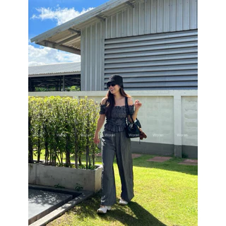 🌻Worari🌻ชุดเซตปาดไหล่สม็อค+กางเกงขายาวลายริ้ว