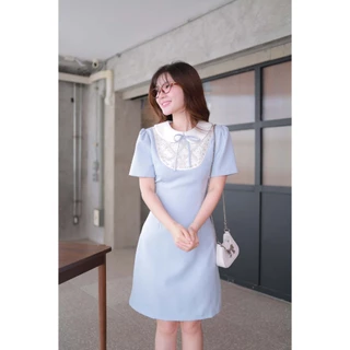 "Romi"Oil" Anastasia Dress (Blue) J319 ชุดเดรสสีฟ้า (คอบัวผูกโบว์แต่งมุก)