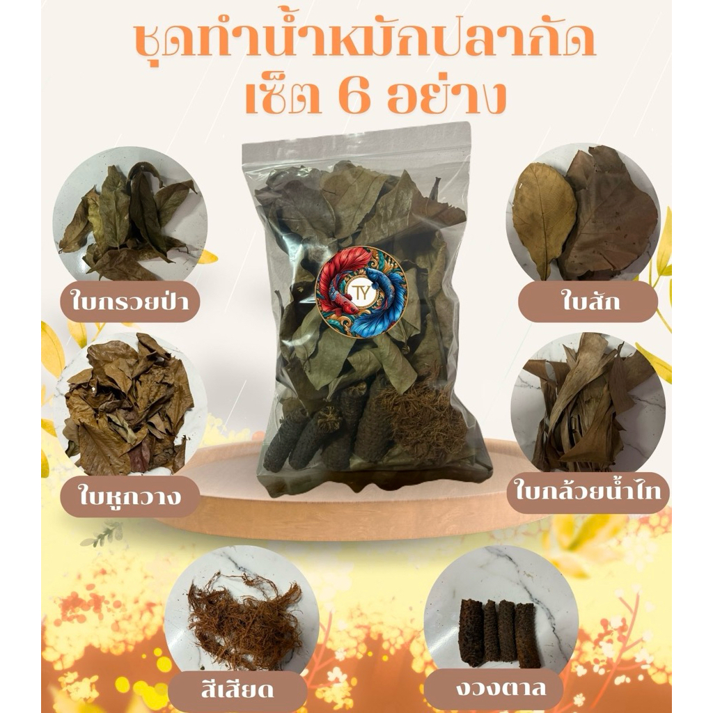 ชุดทำน้ำหมักปลากัด เซ็ต 6 อย่าง ใบกรวยป่า ใบหูกวาง ใบกล้วยน้ำไท ใบสัก งวงตาล และ สีเสียด ขนาด 100 กรัม