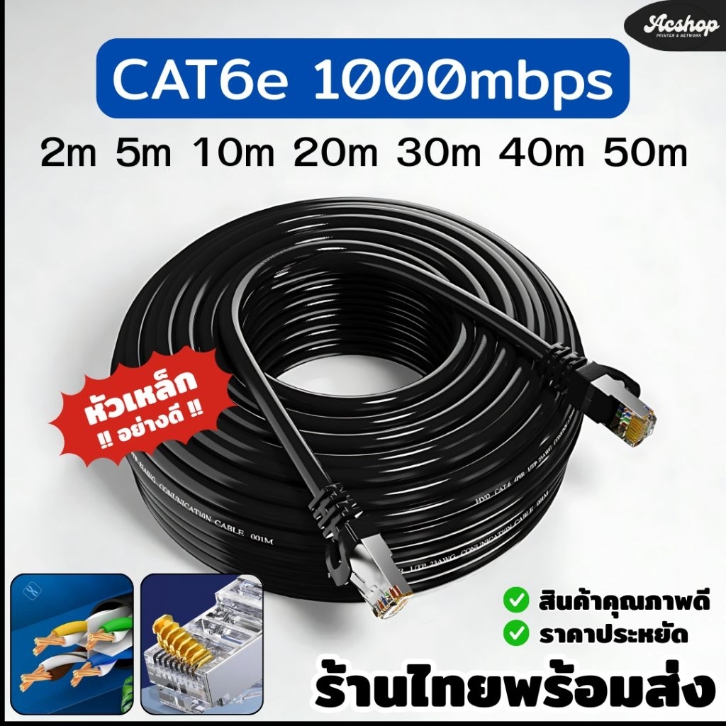สายแลน Cat6e รองรับ 1000Mbps 2m 5m 10m 20m 30m สายเน็ต สายแลนหัวเหล็ก FTP สายแลนสำเร็จภายใน