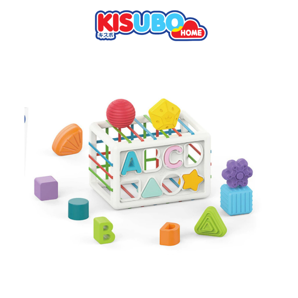 Kisubohome ของเล่นเด็ก บล็อกตัวต่อสีรุ้ง ใส่รูปทรงต่างๆเข้าไปในกล่องผ่านยางยืด เสริมพัฒนาการเด็ก