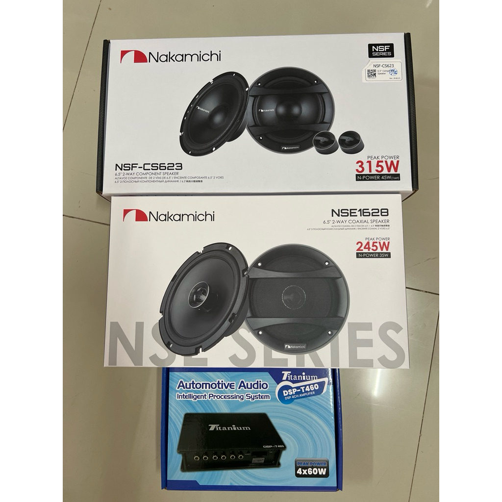 ชุดละ 4100บาท DSP 60x4Ch 1ตัว 6.5“แยกชิ้น 1ชุด 6.5“แกนร่วม NAKAMICHI 1คู่   ลำโพงติดรถยนต์