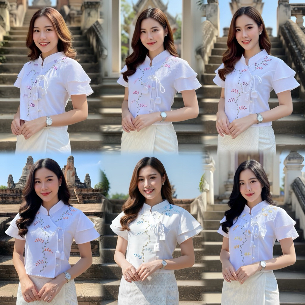 เสื้อพื้นเมืองผู้หญิงผูกโบว์แขนซ้อนสองชั้น ปักดอกเคลือด้วยมือ