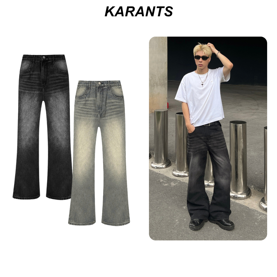 Karants กางเกงยีนส์สีพื้น บานเล็กน้อย S-3XL Wash หลายสี Local Brand Streetwear เทรนด์ฮิต - KQ118