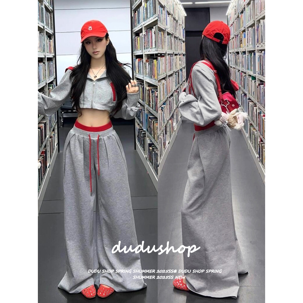 [Street sports style trendy two-piece suit]เสื้อแขนยาวมีฮู้ดซิป กางเกงขากว้างลำลอง ชุดกีฬาผู้หญิงสองชิ้นสีตัดกัน