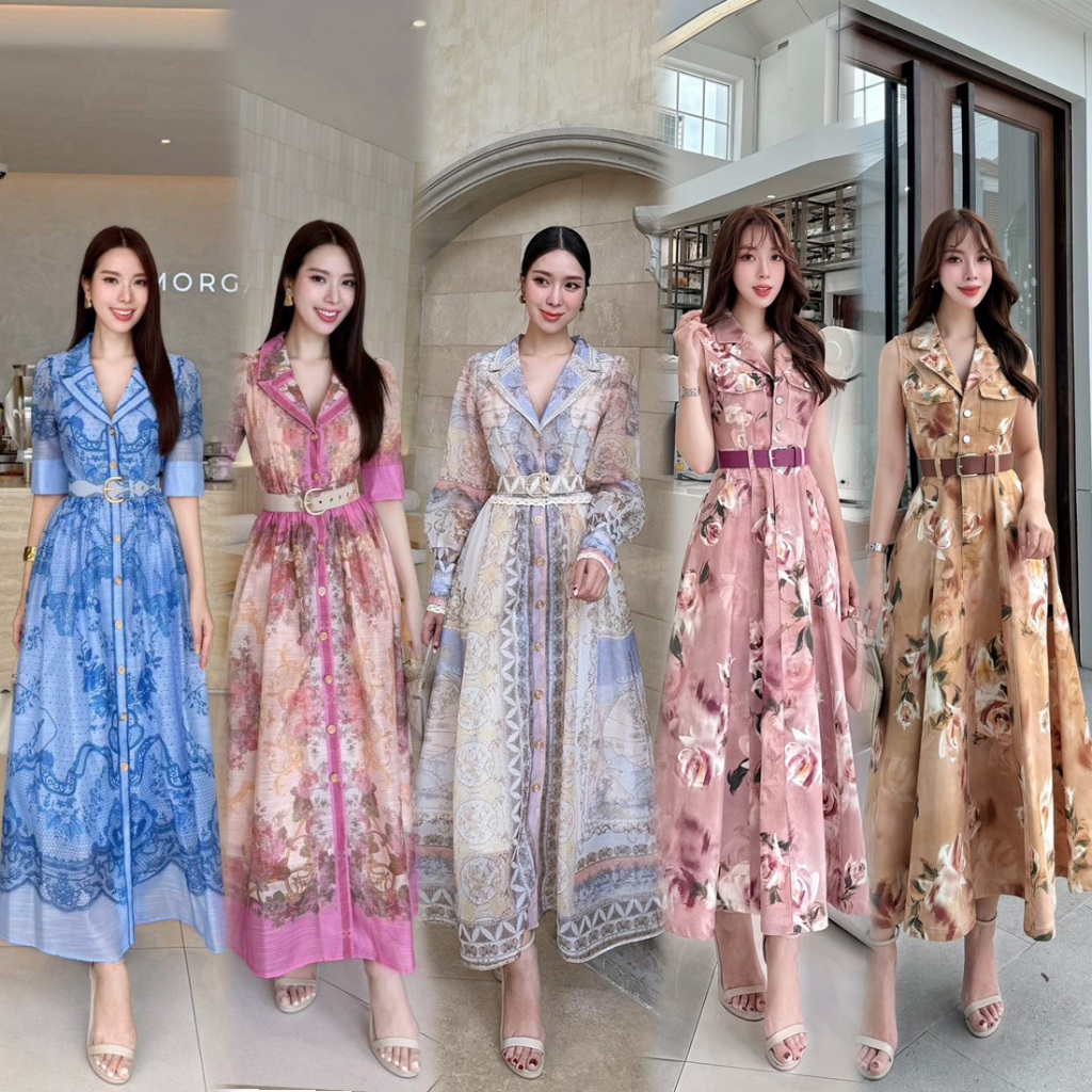 S-XXL ชุดเดรสยาวคอปก พิมพ์ลาย+เข็มขัด สีฟ้า ขาว ชมพู น้ำเงิน น้ำตาล ใส่ไปงานแต่ง,งานบวช งานบุญ คาเฟ่ ชุดสไตล์วินเทจ