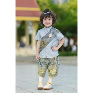 ชุดไทยเด็กชายสีเทา สุภาพ แขนสั้นใส่สบาย ผ้าดี ไม่ระคายผิว