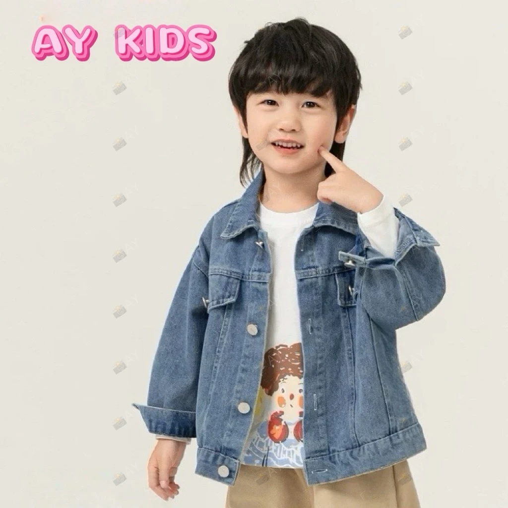 AY133👕 เสื้อแจ็กเก็ตยีนส์เด็กผู้ชาย แฟชั่นเท่ ใส่ได้ทุกโอกาส เสื้อยีนส์เด็ก แจ็กเก็ตยีนส์เท่ๆ สไตล์เกาหลีผ้านุ่มใส่สบาย
