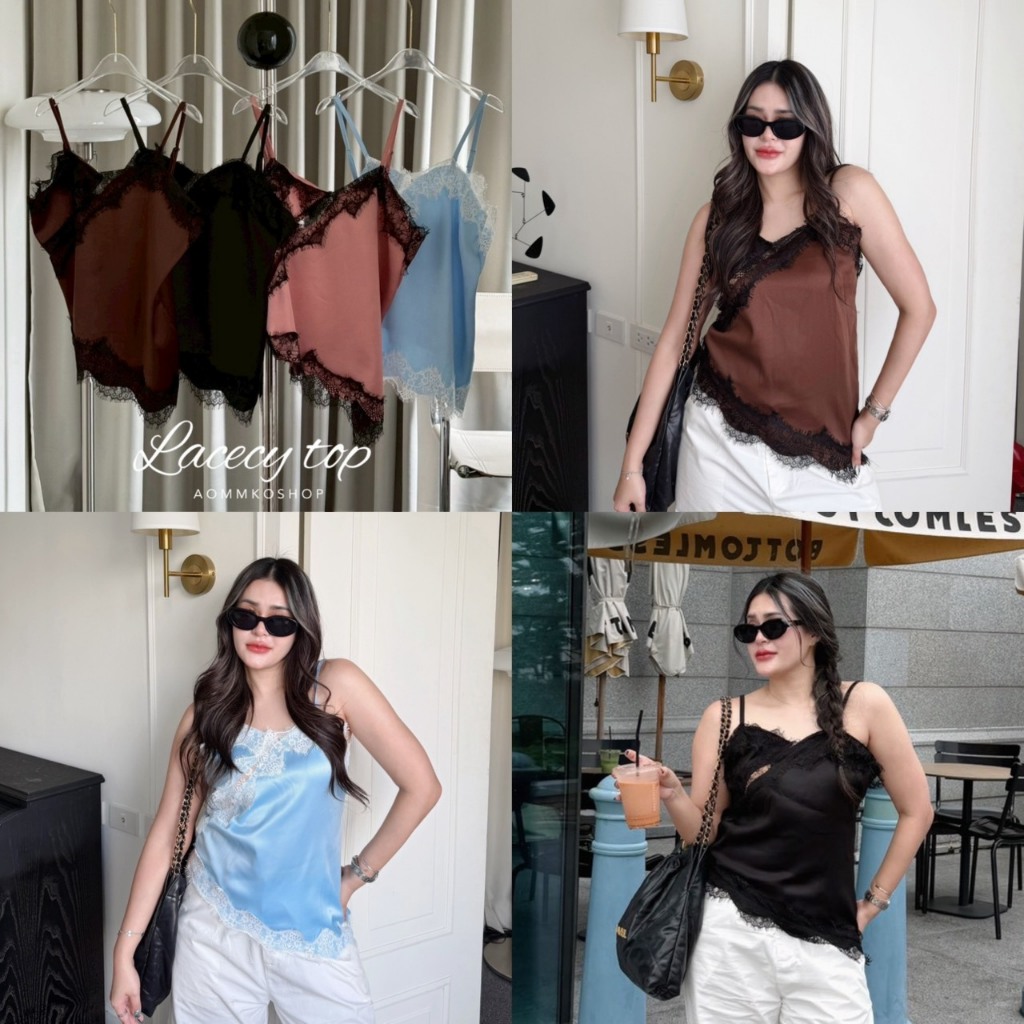Lacecy top เสื้อสายเดี่ยวแต่งขอบลูกไม้ ปลายเฉียง (งาน Size S/M/XL) AOMMKOSHOP - S96