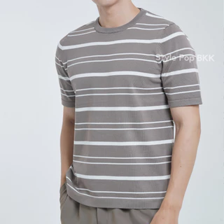 StylePop เสื้อคอกลมทรงเกาลี เสื้อผู้ชาย ผ้าถักลายทาง (ผ้านุ่มใส่สบาย) Knit Polo Shirt SM21