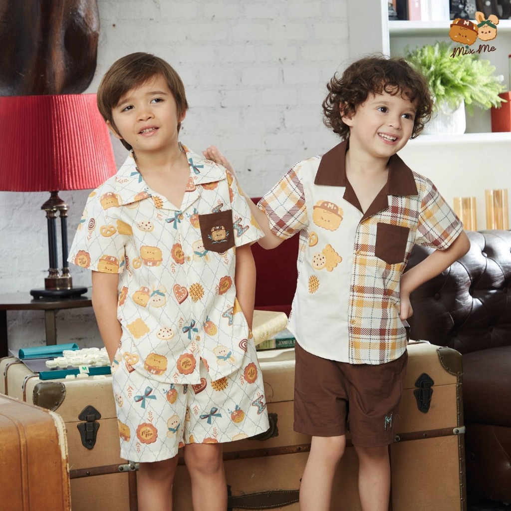 Mix Me เสื้อเชิ้ต กางเกงขาสั้น ลายคุกกี้ ผ้า Oxford / Cotton Woven เด็กชาย อายุ 1-7 ปี เสื้อผ้าเด็ก 