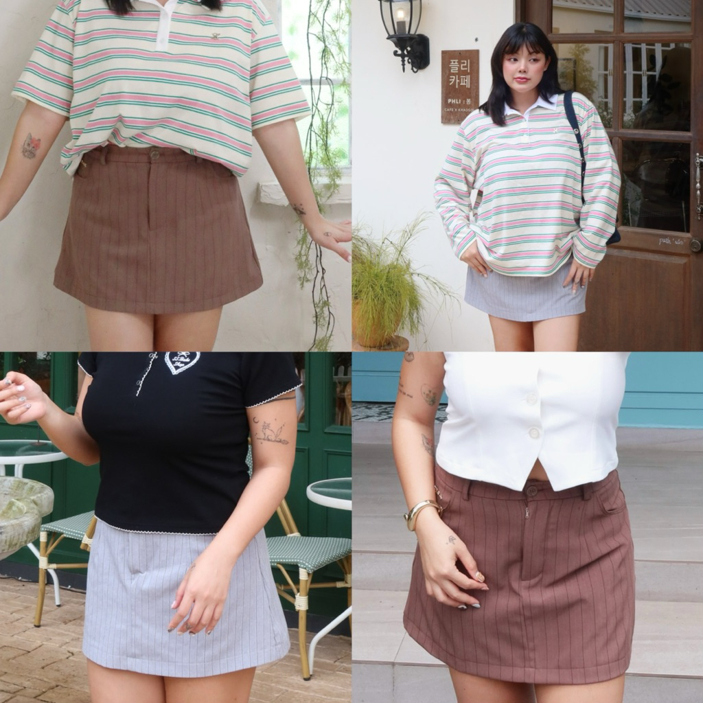 ss basic skirt กระโปรงสั้นสาวอวบ ซับในกางเกงรอบตัว ลายริ้ว ทรงพรางหุ่น